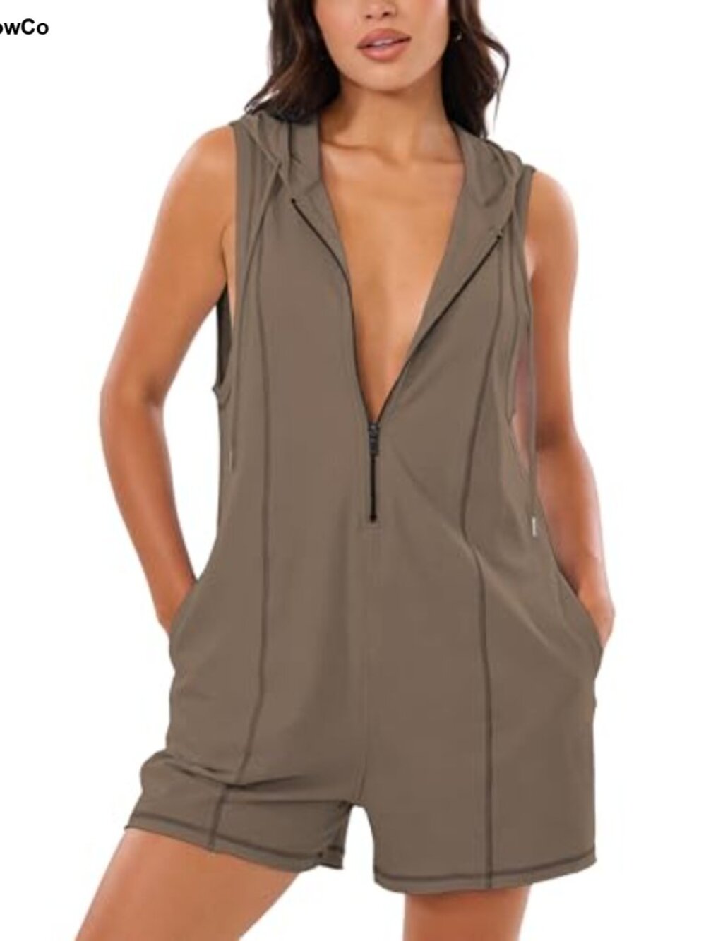 Women's Cotton Blend Sleeveless Hooded Overalls Romper with Pockets Half Zip